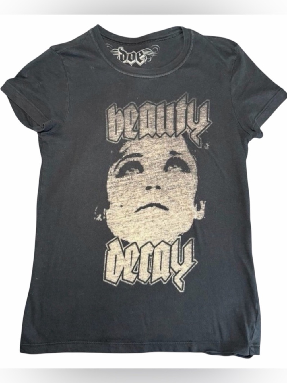 Rare DOE Beauty Decay Graphic Tee Y2K Mall Goth‎ Baby Tee Black 100% Cotton PS